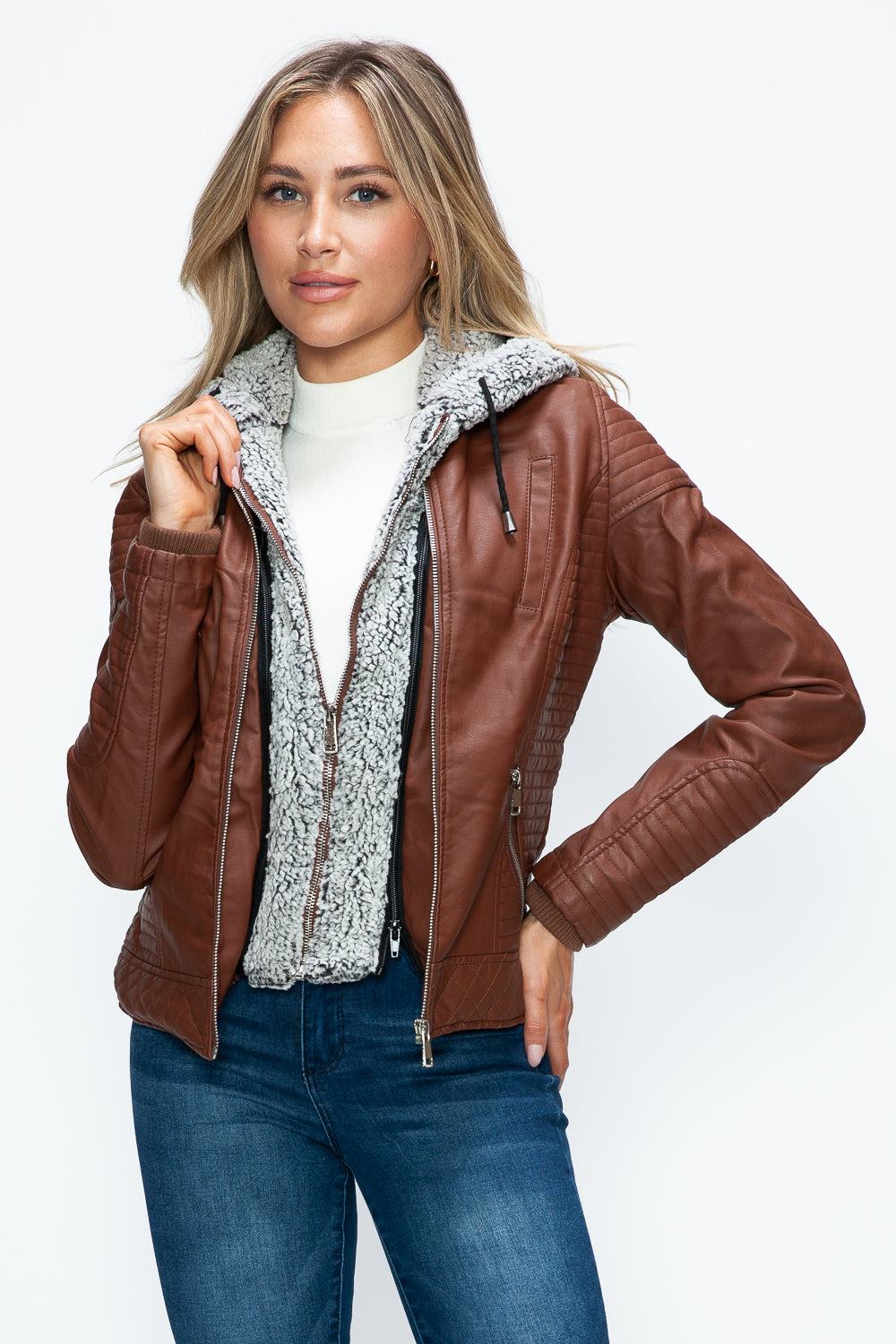 Faux Layered Double-Zipper Jacket with Fuzzy Hood