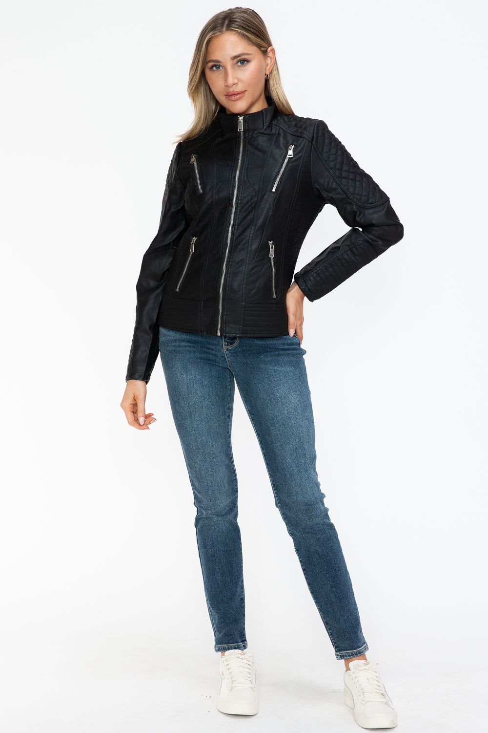 Faux Leather Zip Up Mock Neck Jacket