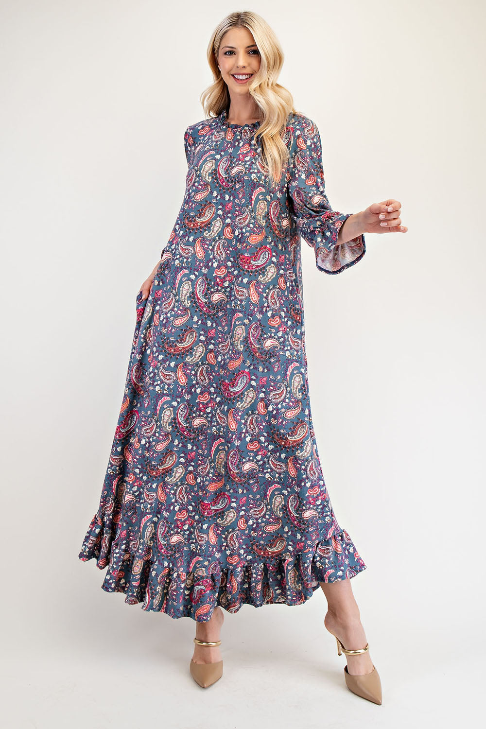 Ruffle Hem Paisley Round Neck Dress