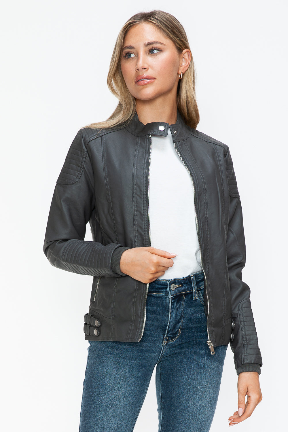 Faux Leather Biker Jacket with Side Zip Pockets