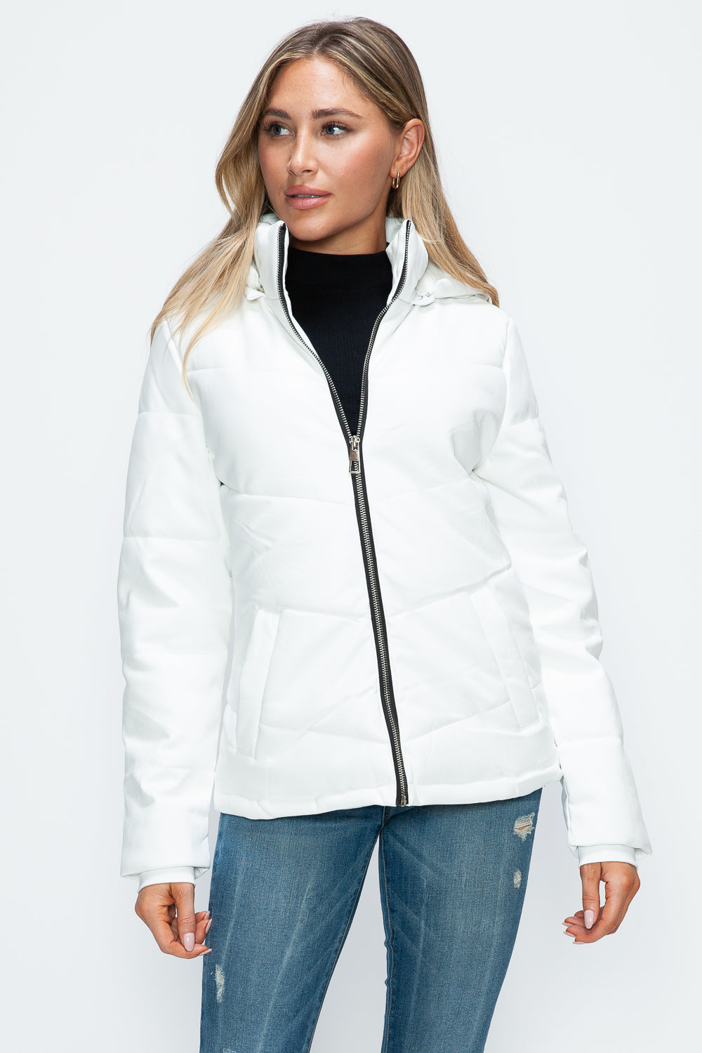 Pocketed Zip Up Puffer Jacket with Removable Hood