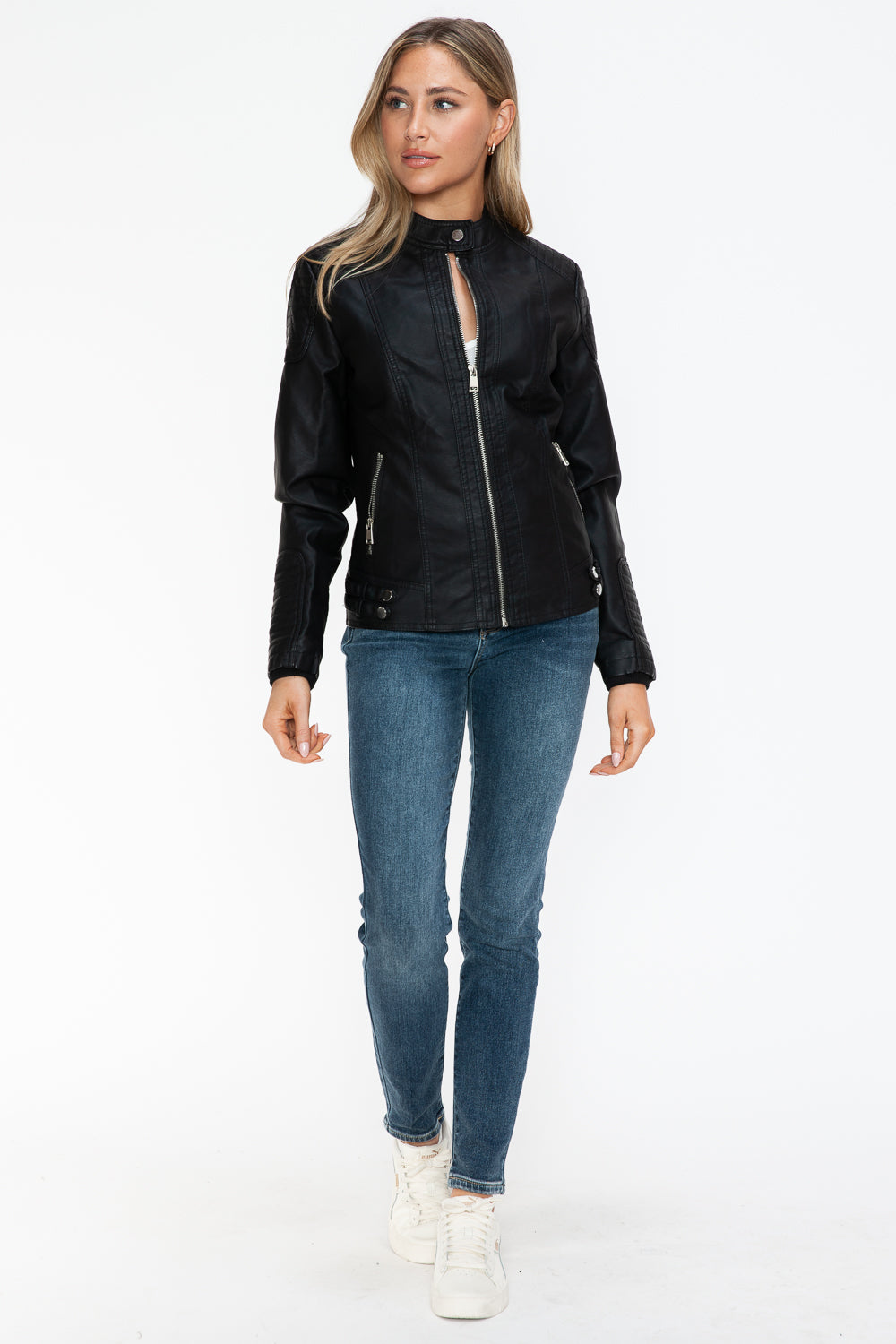 Faux Leather Biker Jacket with Side Zip Pockets