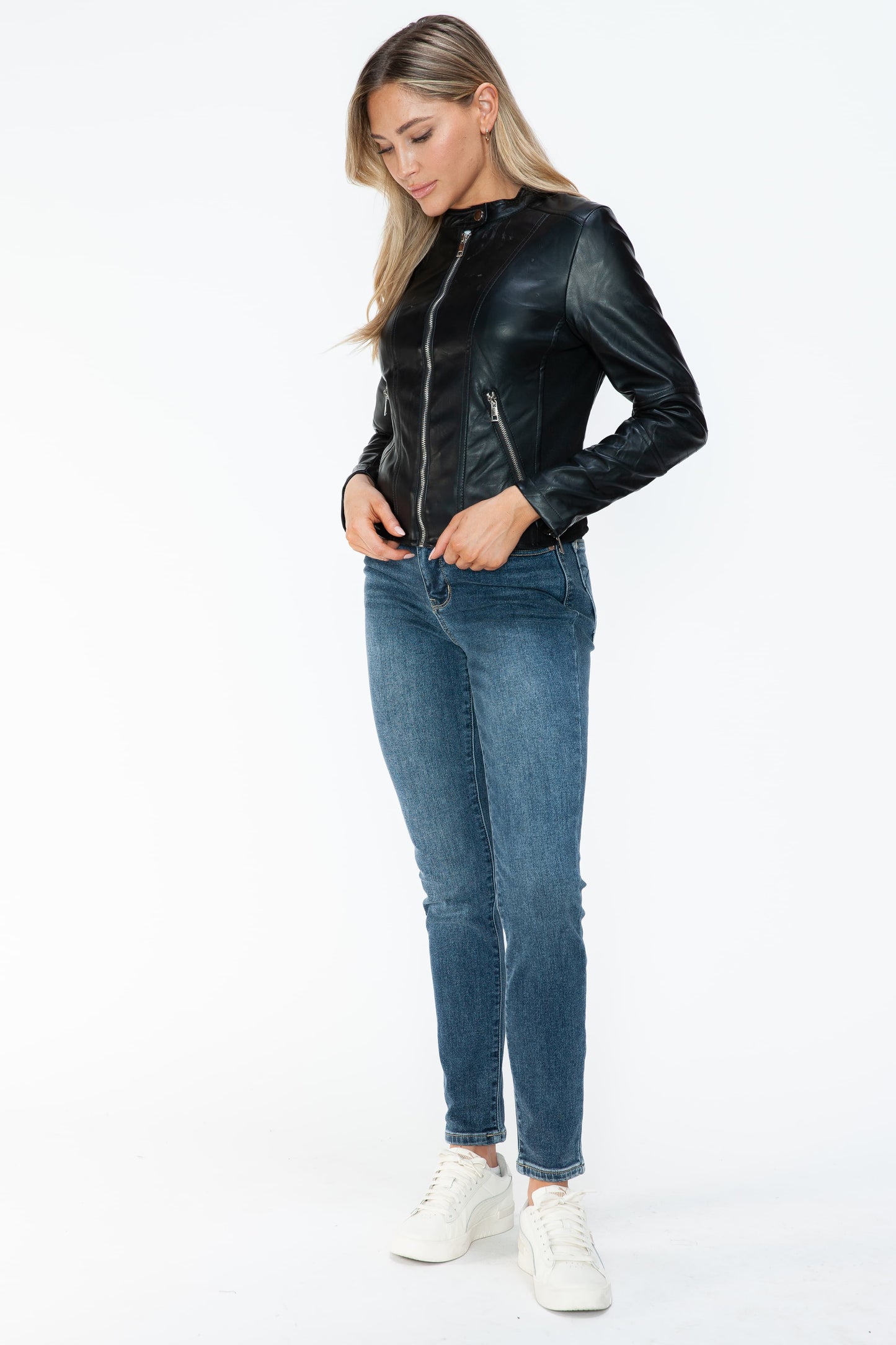 PU Leather Zip Up Jacket with Pockets