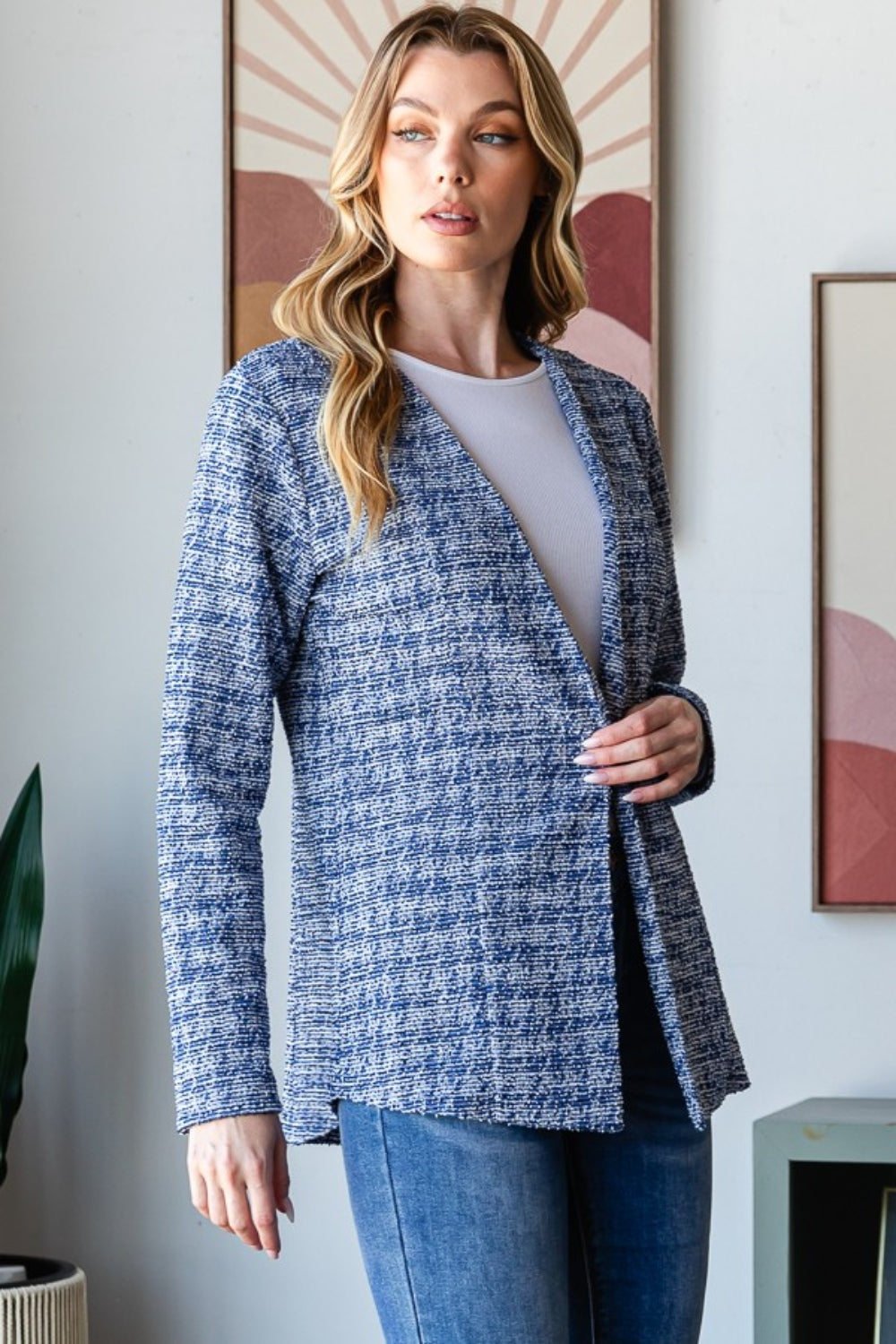 Houndstooth Tweed Open Front Blazer