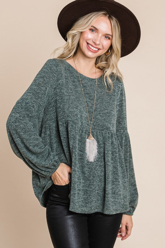 Heathered Round Neck Babydoll Top