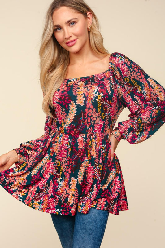 Peplum Floral Square Neck Blouse