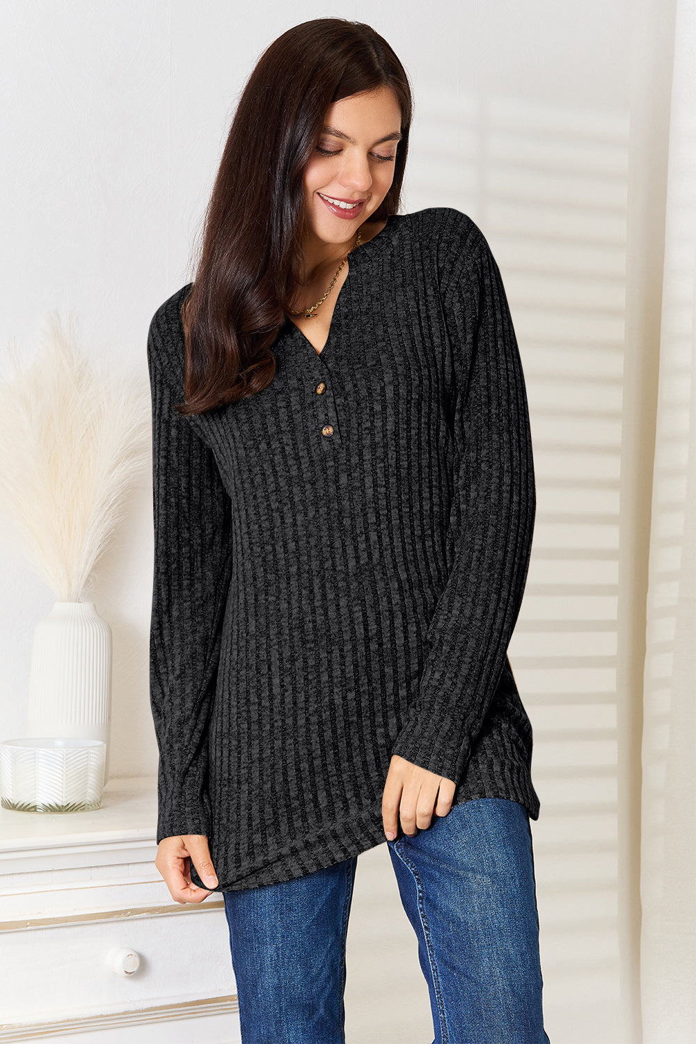 Notched Neck Ribbed Long Sleeve T-Shirt