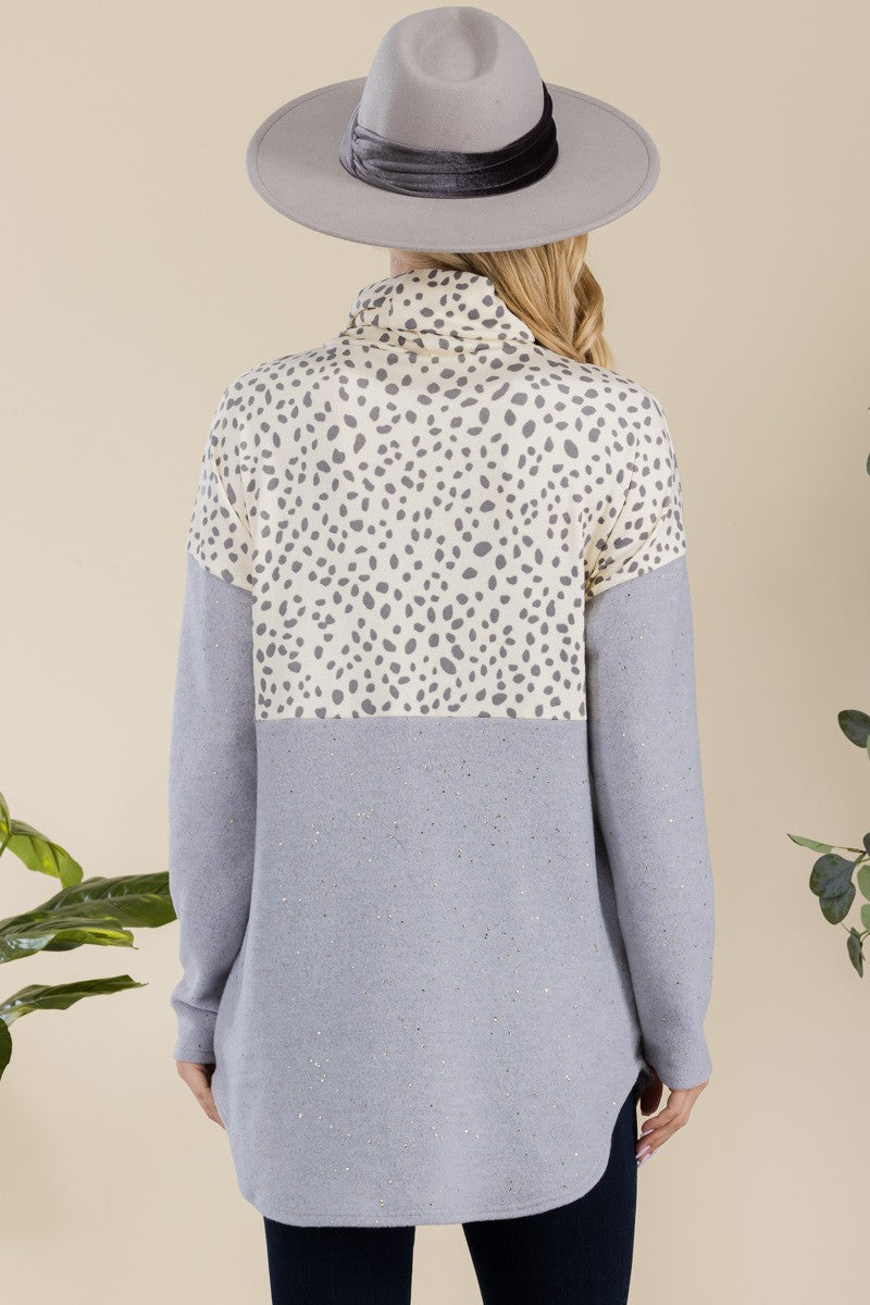 Curved Hem Printed Turtleneck Long Sleeve Blouse