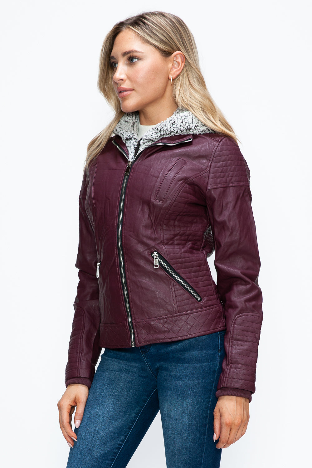 Faux Layered Double-Zipper Jacket with Fuzzy Hood