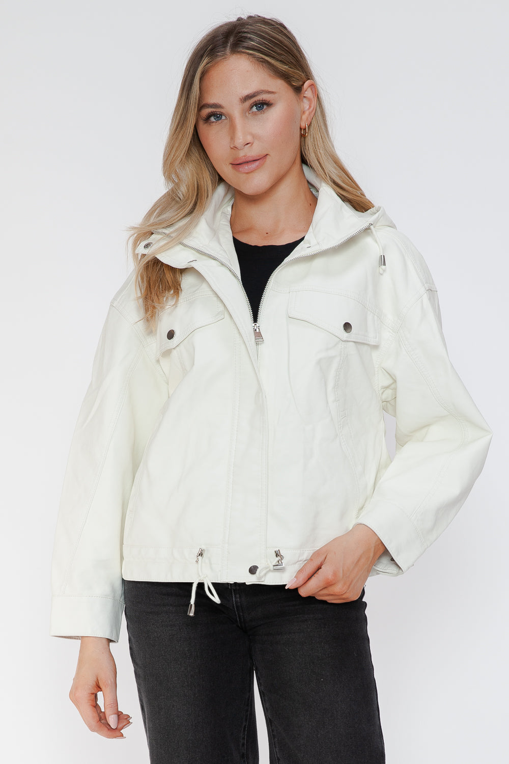 Drawstring Hem PU Leather Zip Up Jacket