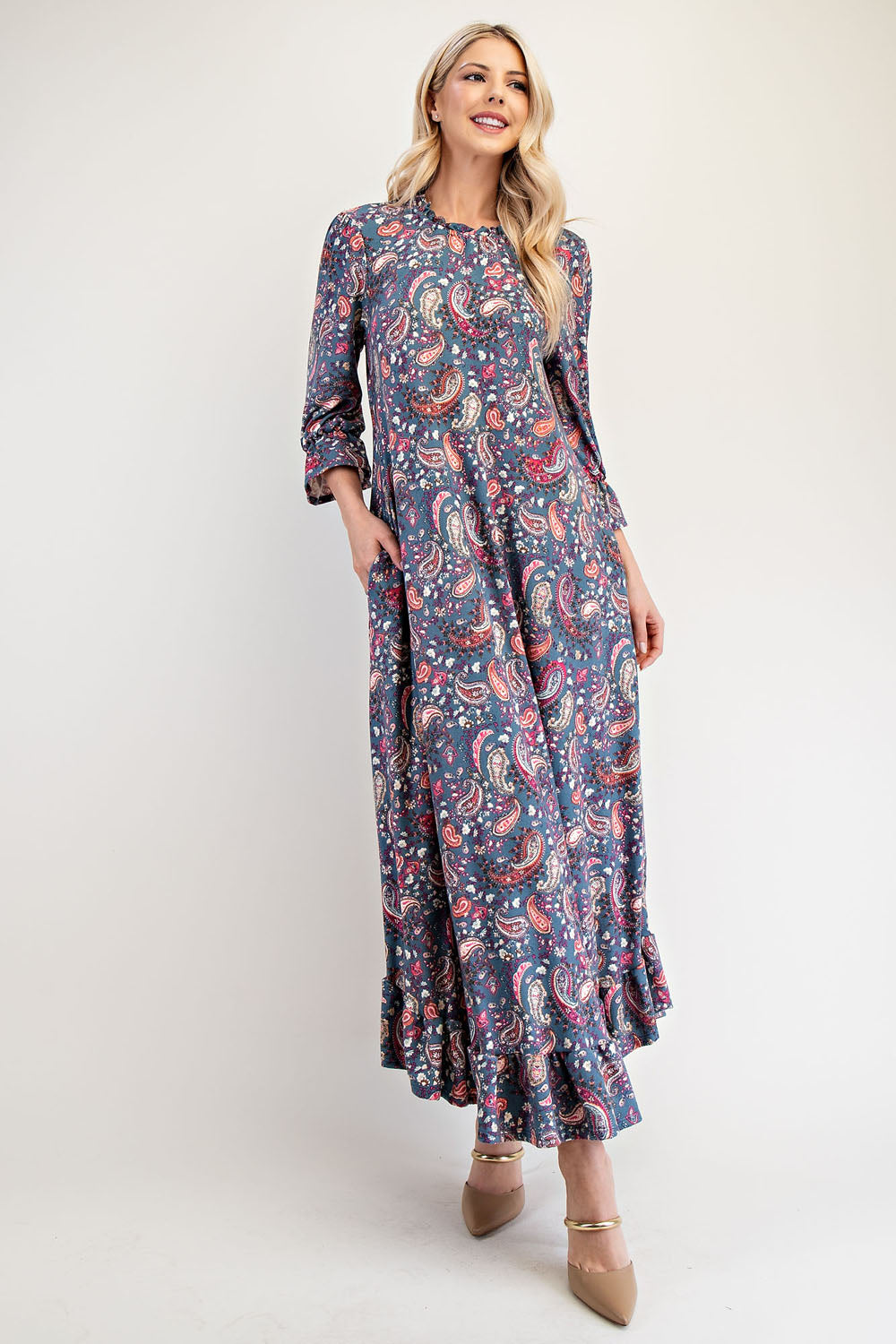 Ruffle Hem Paisley Round Neck Dress