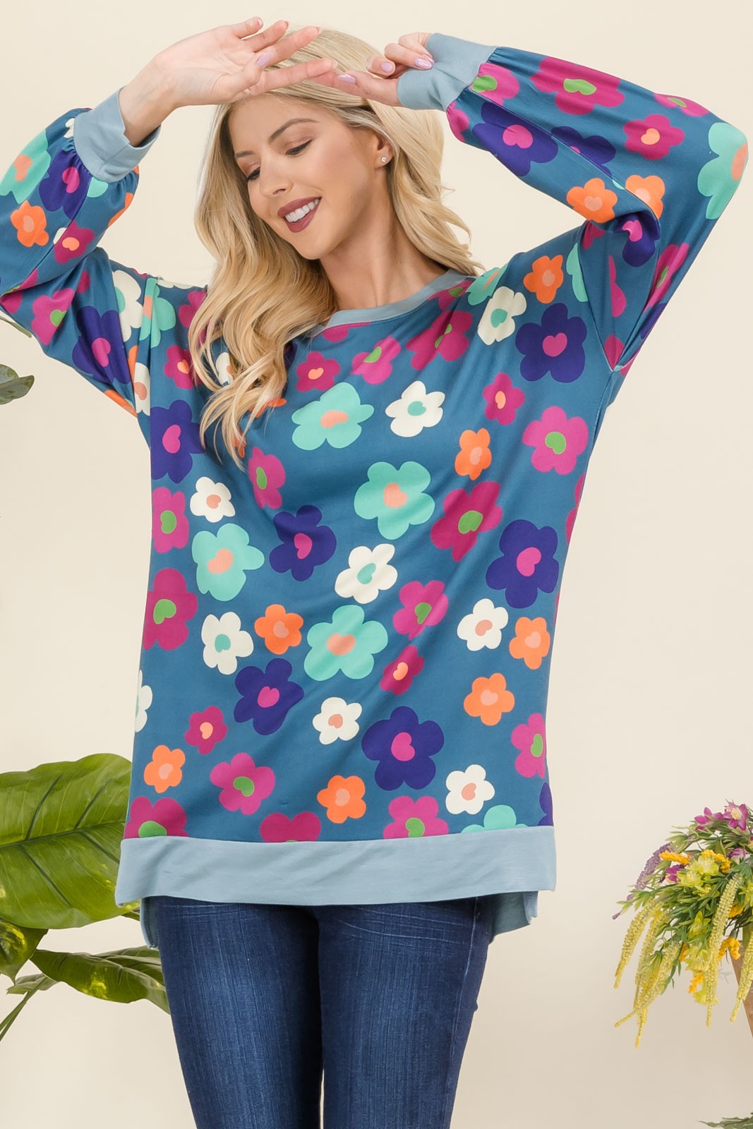 Side Slit Flower Print Long Sleeve Top