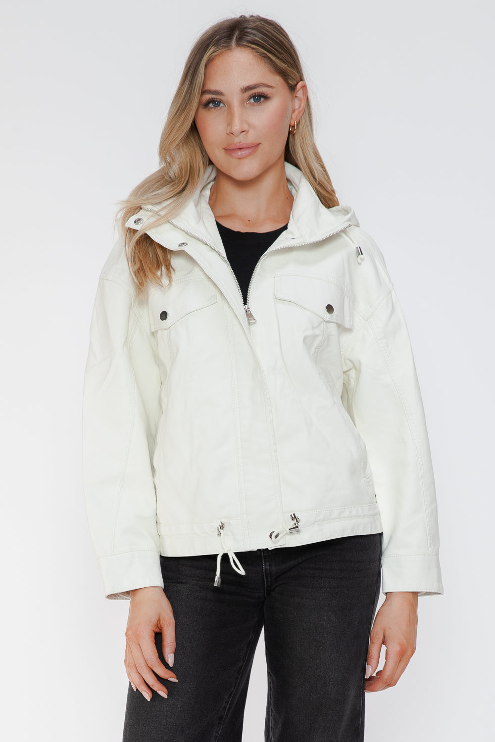 Drawstring Hem PU Leather Zip Up Jacket