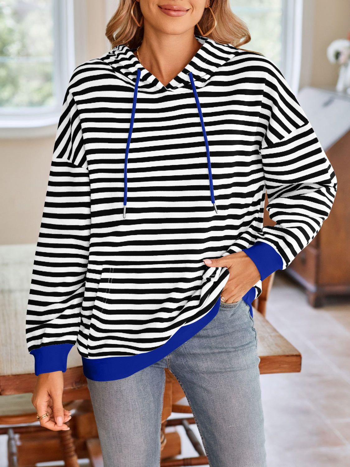 Drawstring Striped Long Sleeve Hoodie