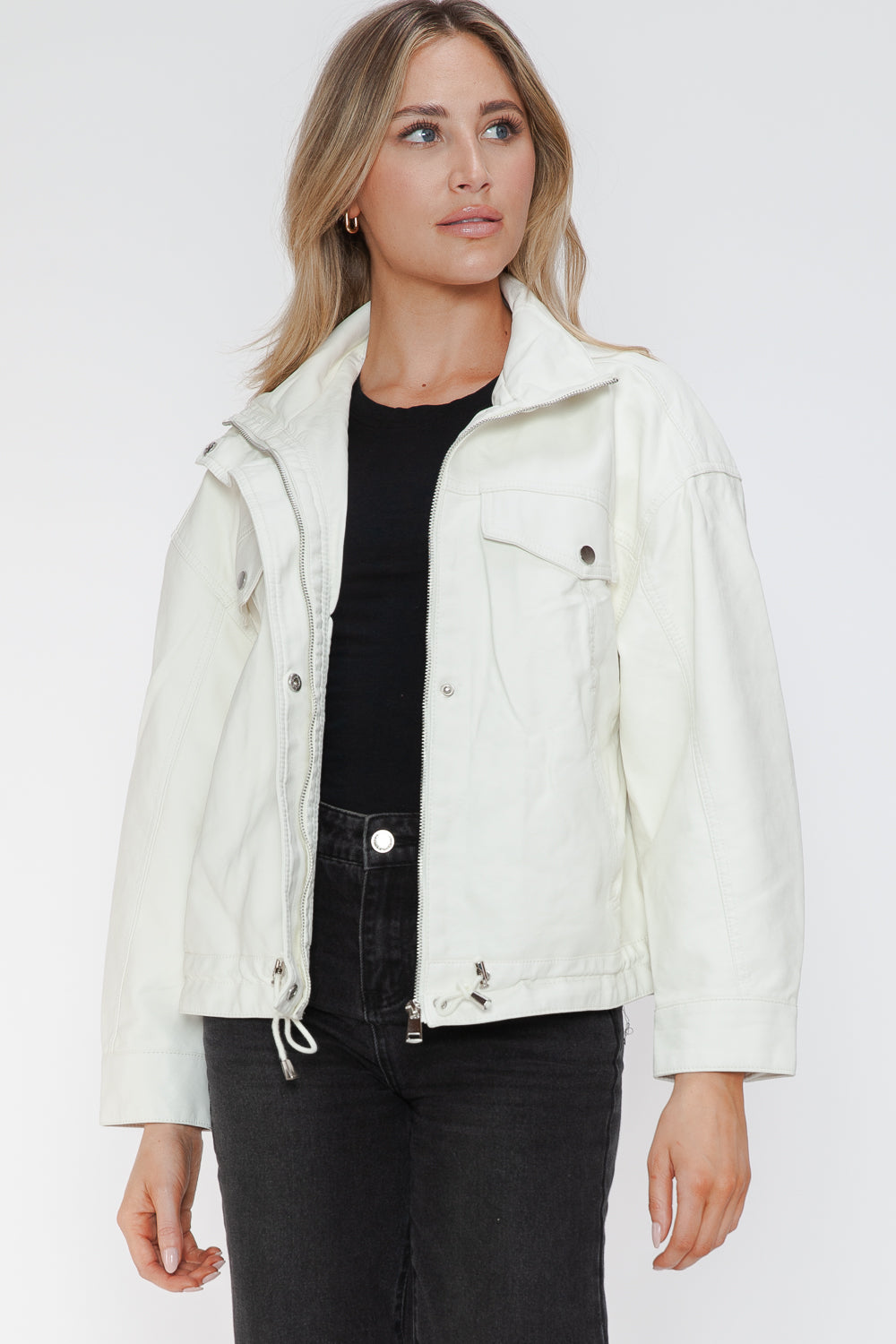 Drawstring Hem PU Leather Zip Up Jacket