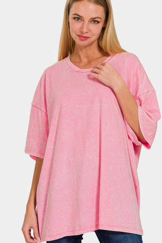 Washed Round Neck Drop Shoulder Oversized T-Shirt