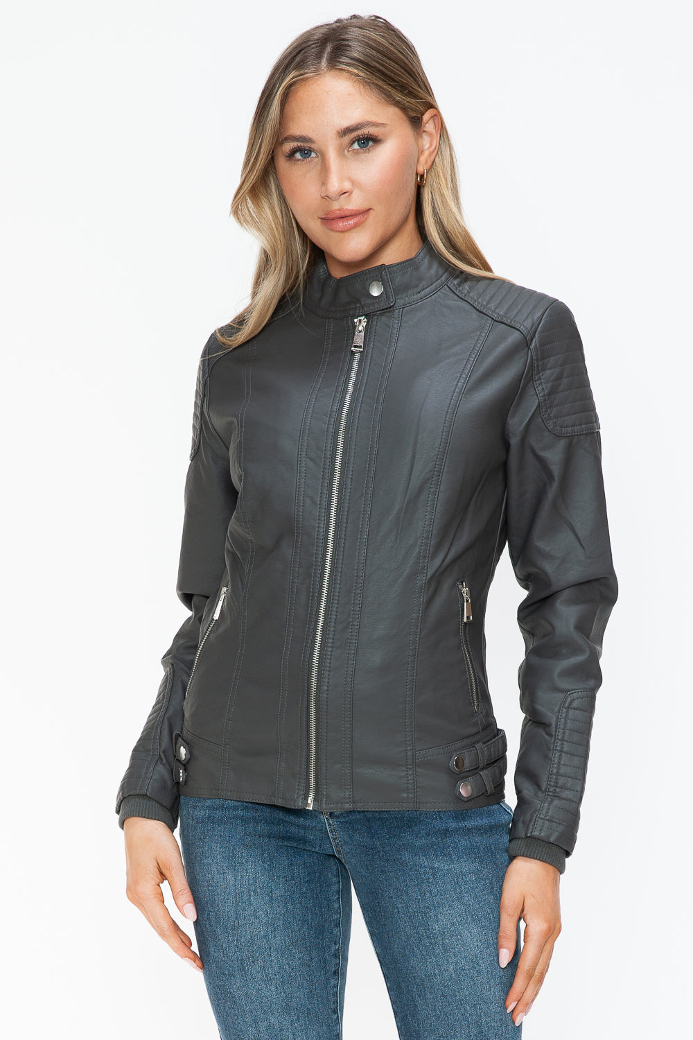 Faux Leather Biker Jacket with Side Zip Pockets