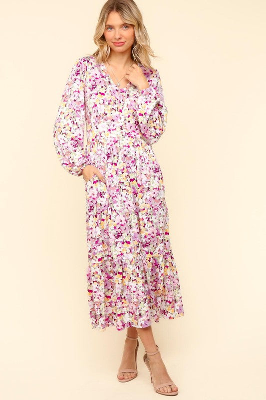 Floral V-Neck Long Sleeve Dress with Side Pockets