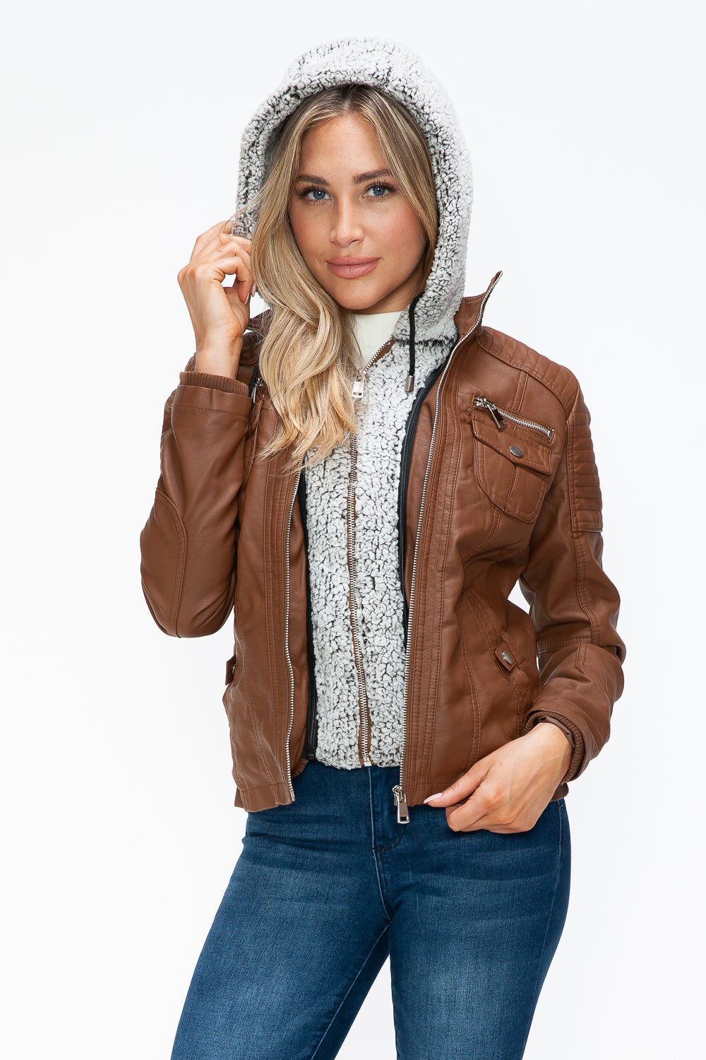 Removable Faux Layered Multi-Pocket Jacket with Fuzzy Hood