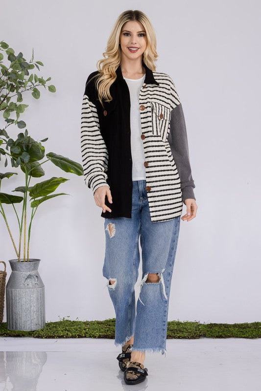 Striped Button Up Dropped Shoulder Shacket