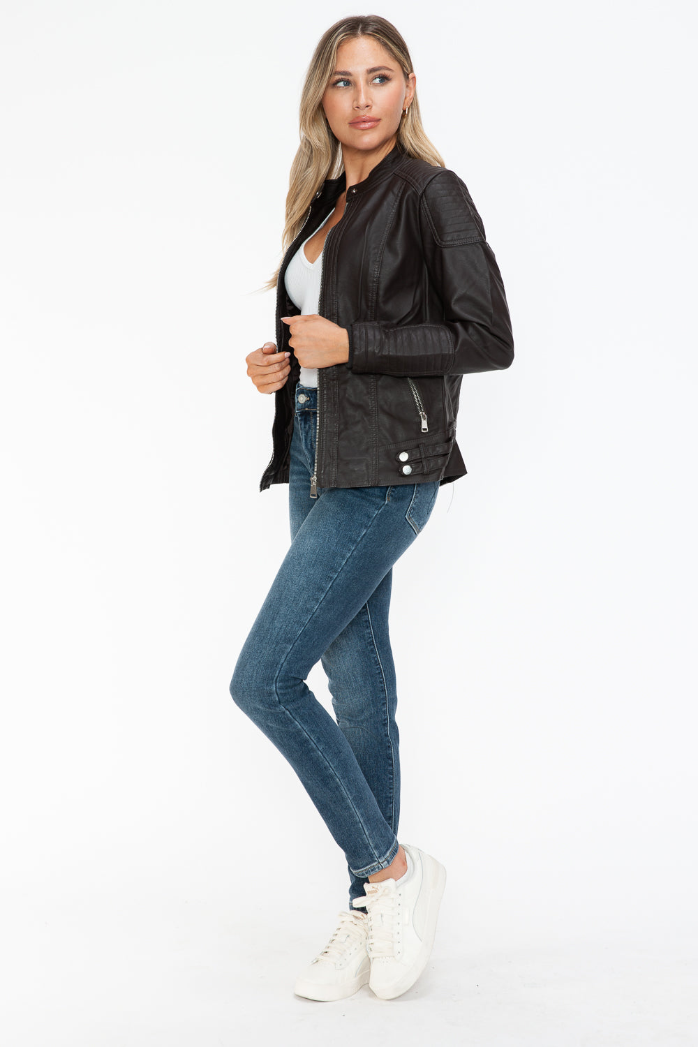 Faux Leather Biker Jacket with Side Zip Pockets