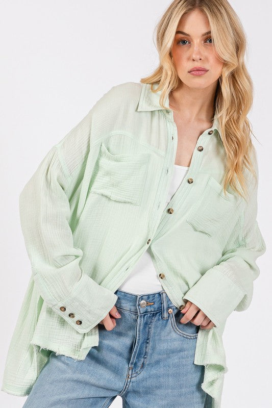 Frayed Hem Side Slit Button Down Shirt