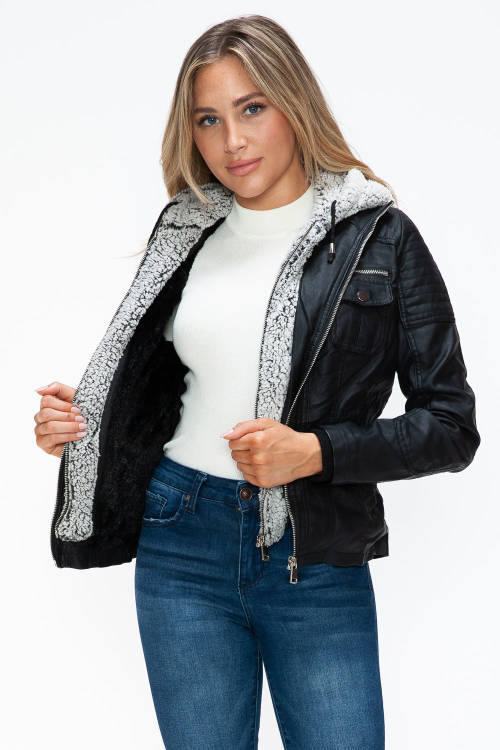 Removable Faux Layered Multi-Pocket Jacket with Fuzzy Hood