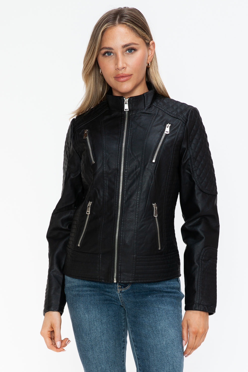 Faux Leather Zip Up Mock Neck Jacket