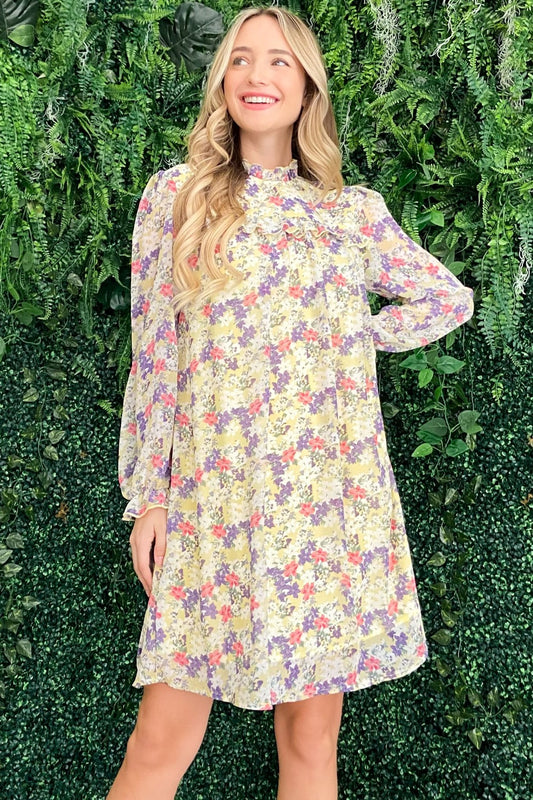 Floral Mock Neck Flounce Sleeve Dress