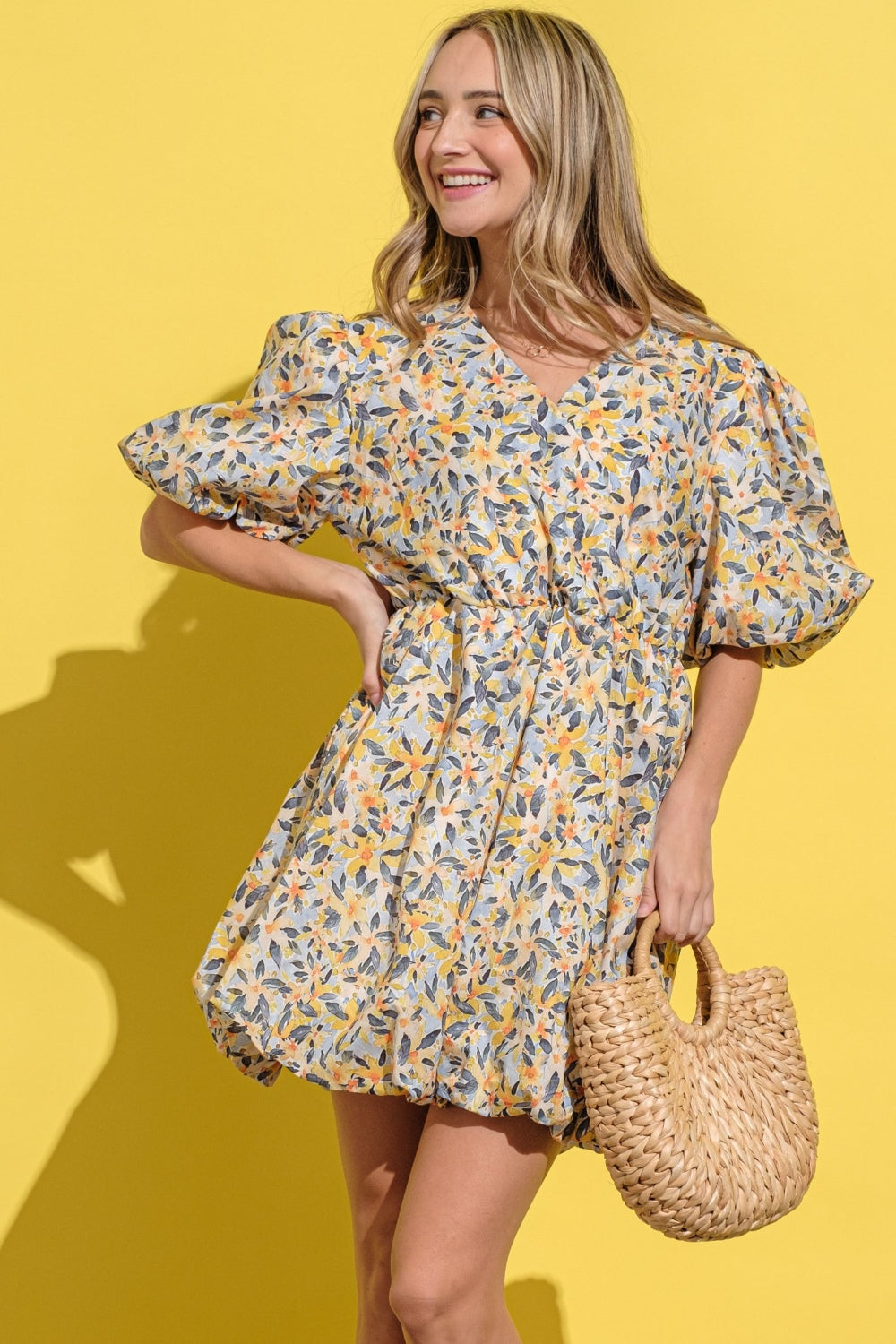 Floral Surplice Puff Sleeve Dress