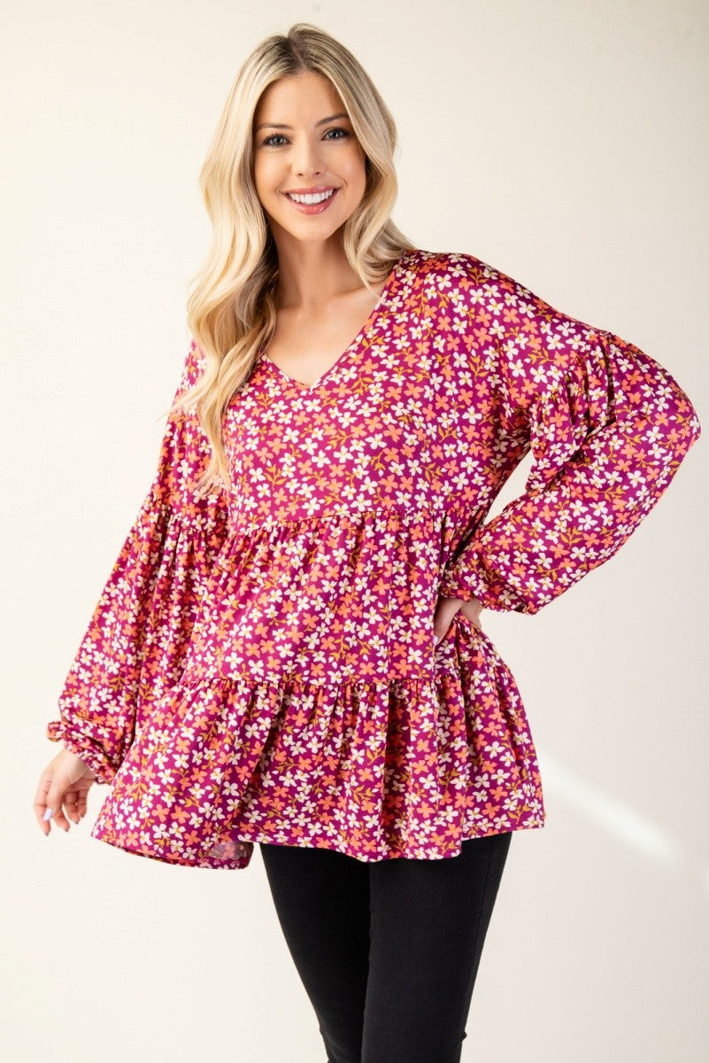 Floral V-Neck Balloon Sleeve Blouse