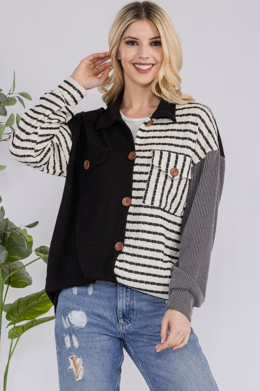 Striped Button Up Dropped Shoulder Shacket