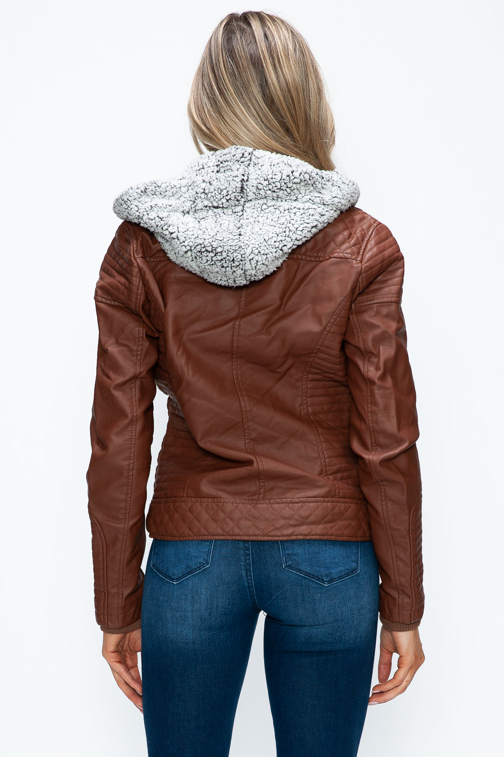 Faux Layered Double-Zipper Jacket with Fuzzy Hood