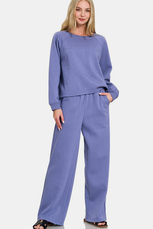 Round Neck Raglan Sleeve Top and Elastic Waist Pants Set