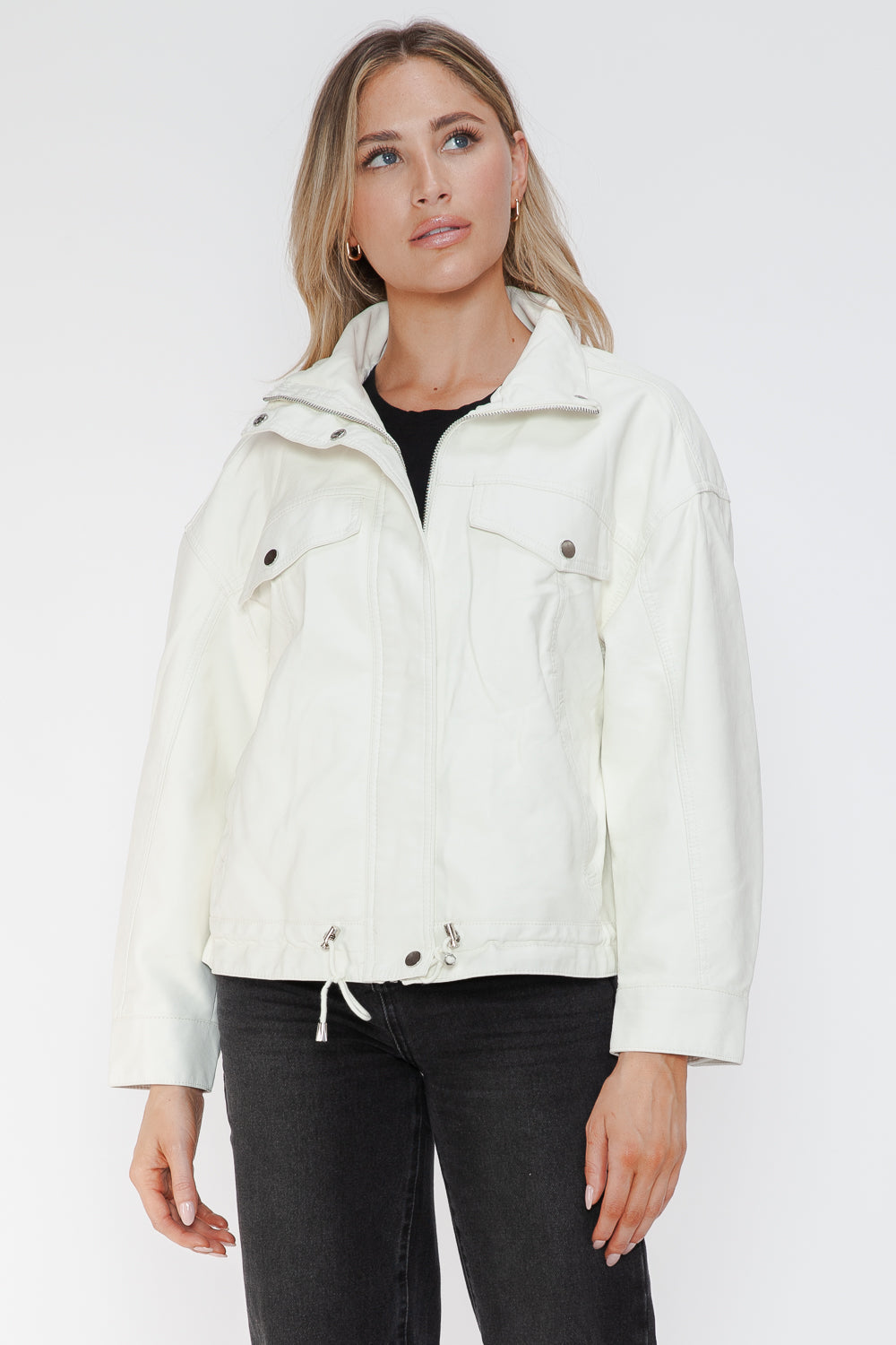 Drawstring Hem PU Leather Zip Up Jacket