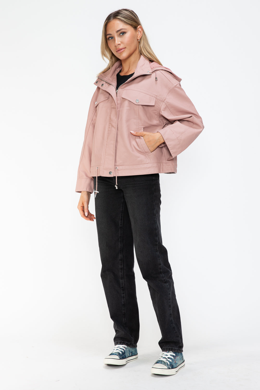 Drawstring Hem PU Leather Zip Up Jacket