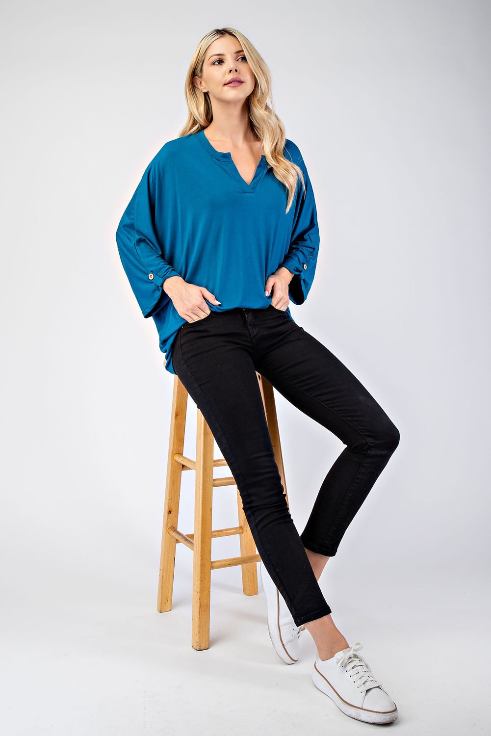 Notched Three-Quarter Sleeve Blouse