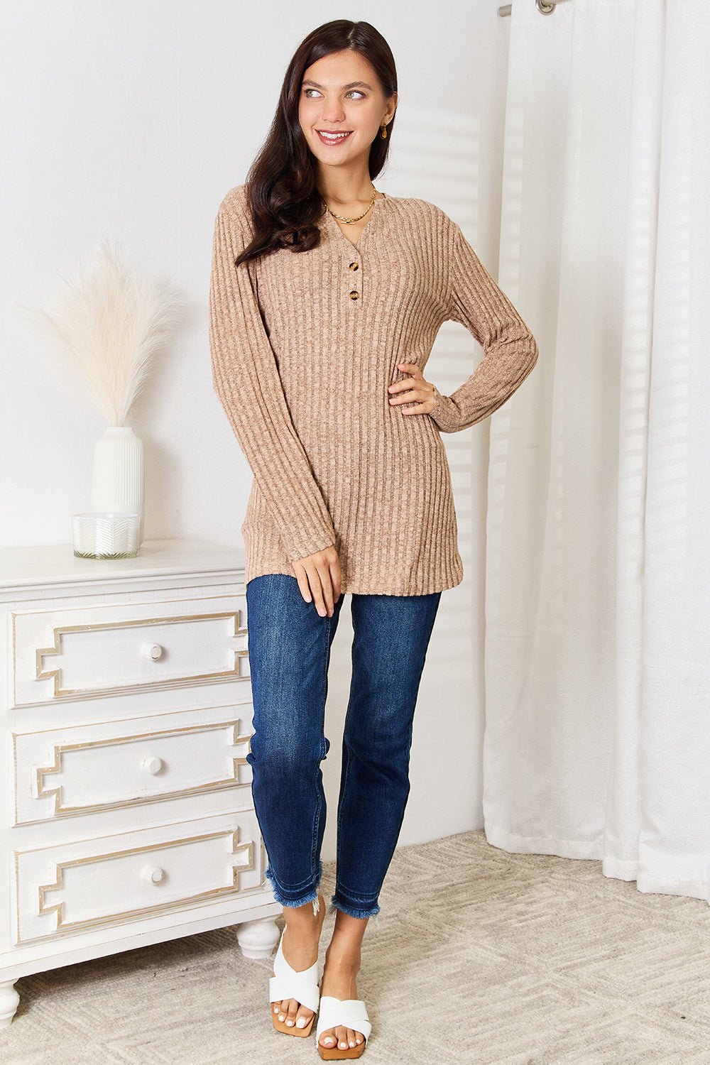 Notched Neck Ribbed Long Sleeve T-Shirt