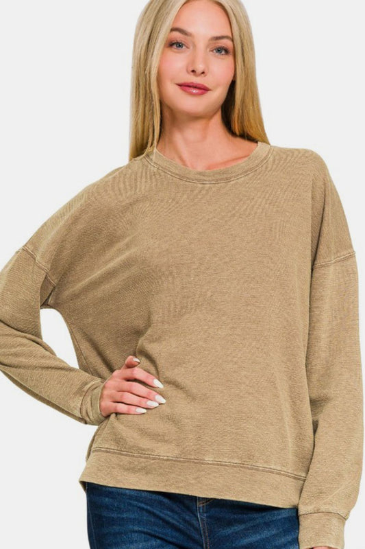 Washed Round Neck Dropped Shoulder Sweatshirt