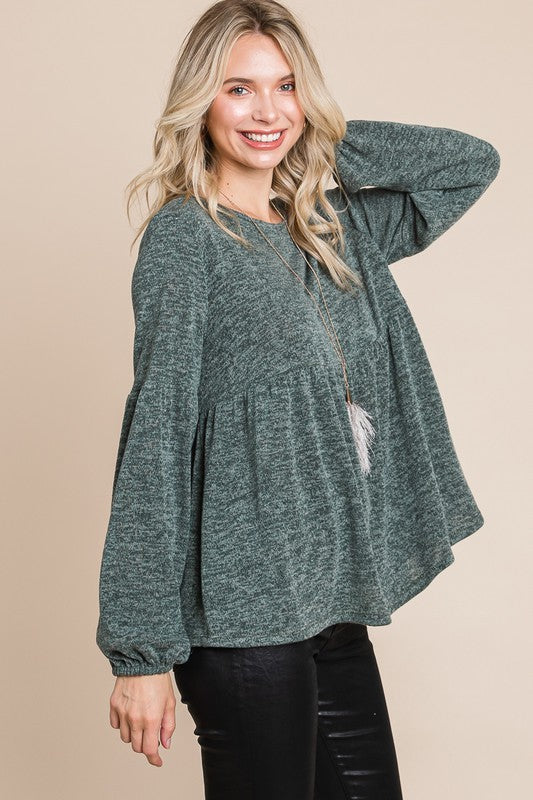 Heathered Round Neck Babydoll Top