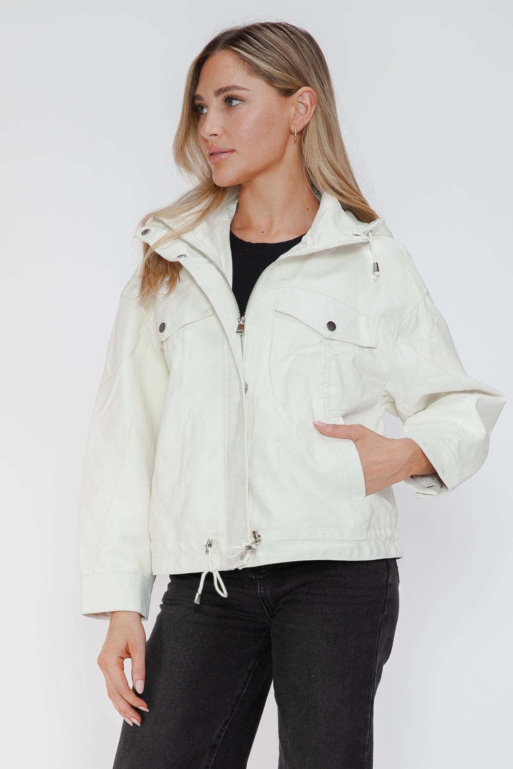 Drawstring Hem PU Leather Zip Up Jacket