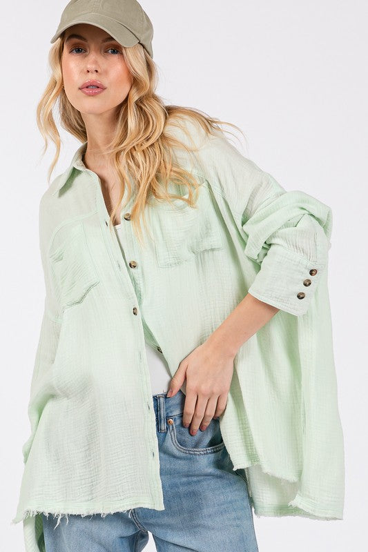 Frayed Hem Side Slit Button Down Shirt