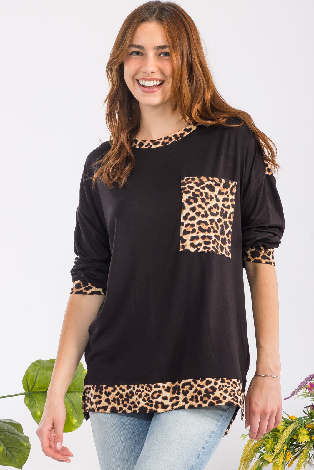 Leopard Round Neck Dropped Shoulder T-Shirt