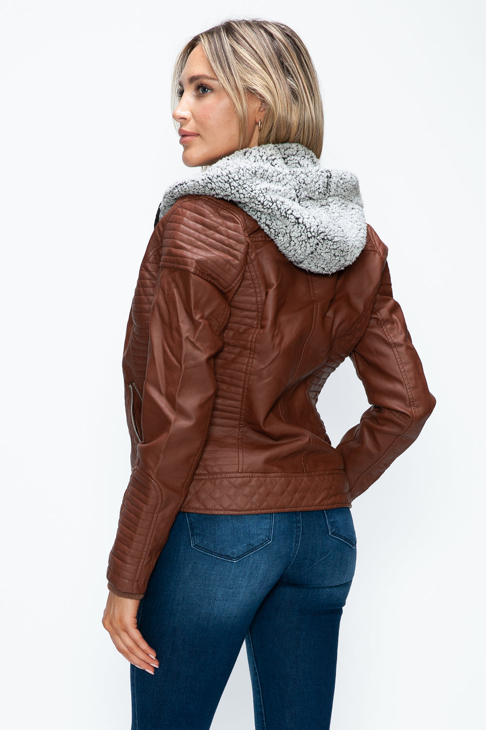 Faux Layered Double-Zipper Jacket with Fuzzy Hood