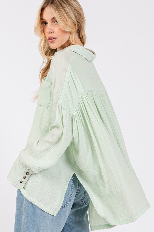 Frayed Hem Side Slit Button Down Shirt