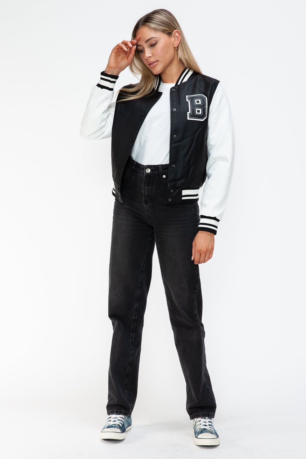 PU Leather Contrast Snap Down Bomber Jacket