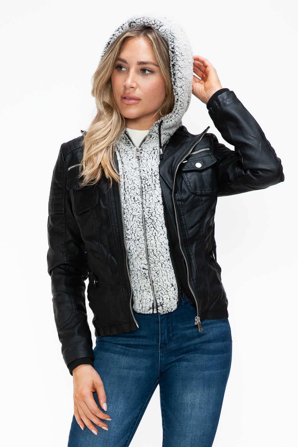 Removable Faux Layered Multi-Pocket Jacket with Fuzzy Hood