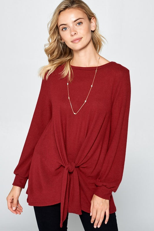 Round Neck Knot Front Hacci Blouse