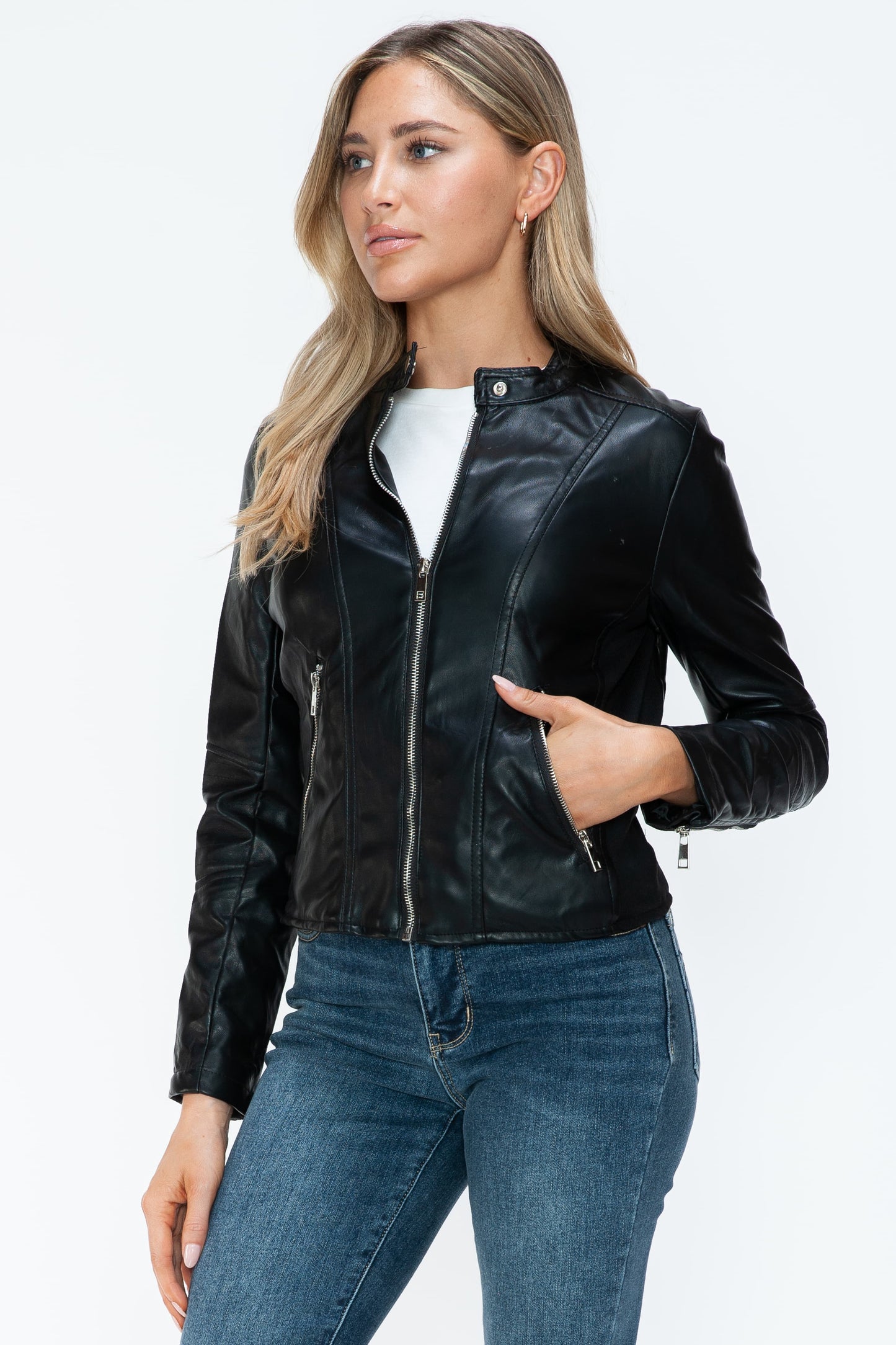 PU Leather Zip Up Jacket with Pockets