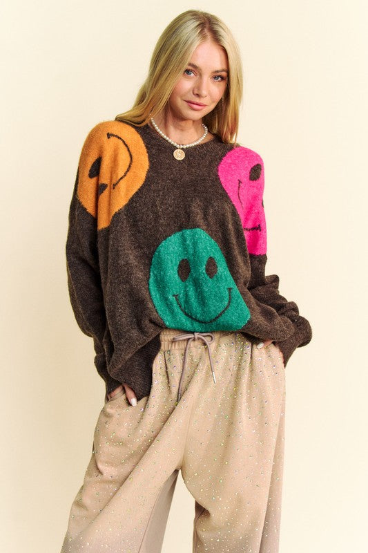 Contrast Smile Round Neck Oversize Sweater